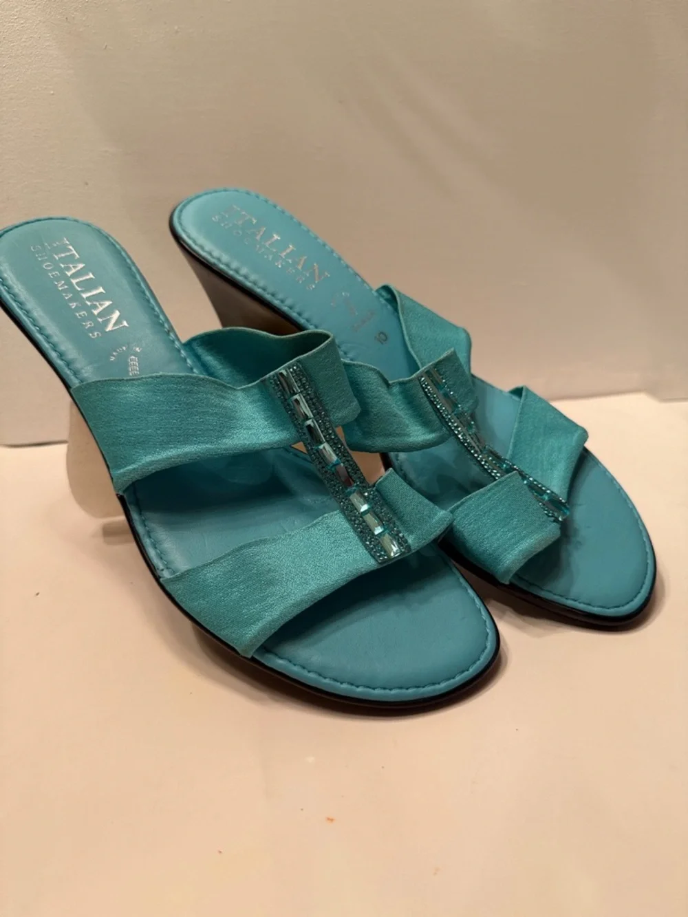 Italian Shoe Makers turquoise blue wedge heels with bling
